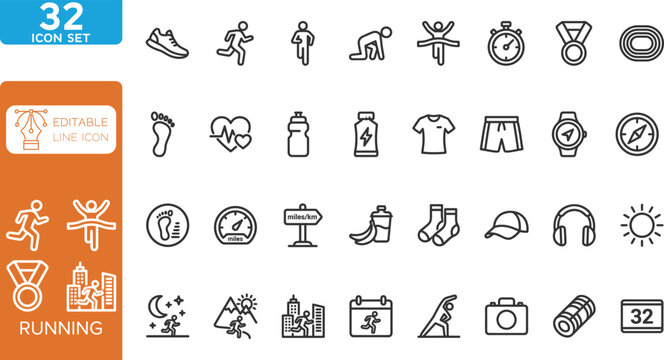 Running line editable Icons set. Vector illustration. Contain icons related to Running sport, marathon, runner, race, finish line, treadmill and more. on transparent background.