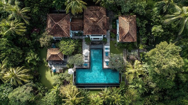 Aerial view of a luxury tropical villa with a private swimming pool