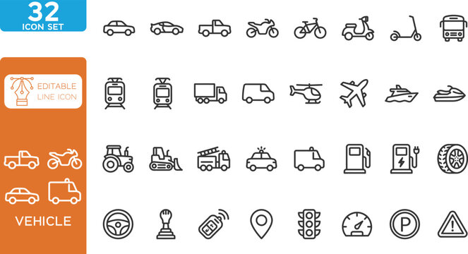 Vehicle line editable Icons set. Vector illustration. Containing car, bike, plane, train, bicycle, motorbike, bus, scooter, and more. Outline Icon Collection. on transparent background.