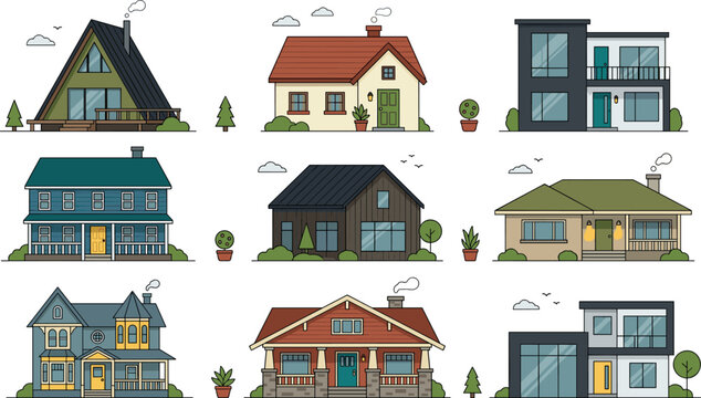 Modern House and Architectural Building Facade Icon Set with A Frame Cottage Victorian Mansion and Suburban Villa Designs for Real Estate Marketing
