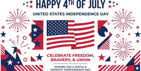 Obraz premium Happy fourth july vector banner with waving american flag, festive fireworks and patriotic typography layout