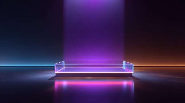 Futuristic glowing glass display podium in neon dark room