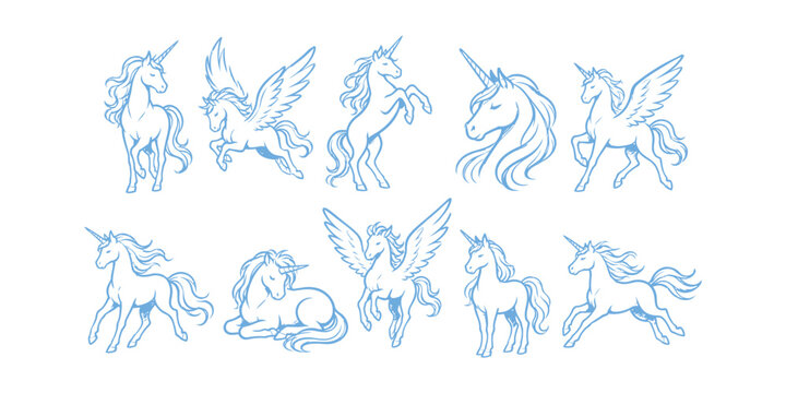 unicorn and pegasus doodle icon set with mythical horse characters and winged creatures vector illustration