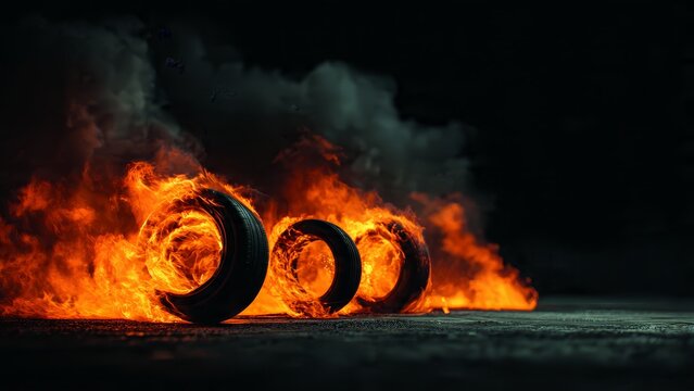 Three rubber tires burning with intense orange flames and thick smoke on dark asphalt at night.