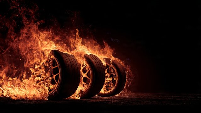 Three car tires engulfed in intense orange flames on a dark background