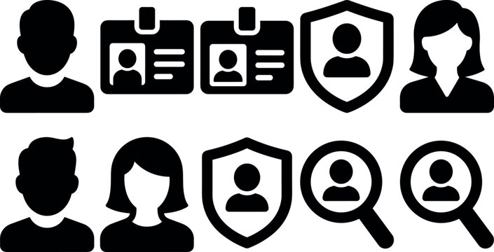 User Profile and Account Security Black Silhouette Icon Set with ID Badges Shields and Magnifying Glasses for Corporate HR Website UI and Cybersecurity Designs