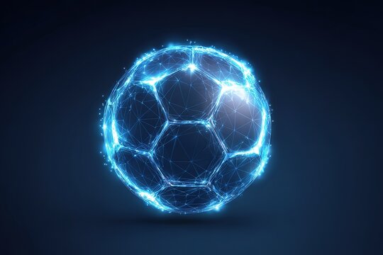 Futuristic digital soccer ball with blue glowing network lines