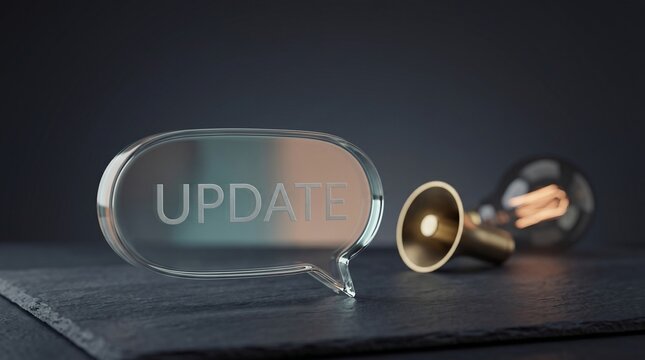 Glass speech bubble with update text standing on dark surface with a megaphone and lightbulb to symbolize business communication