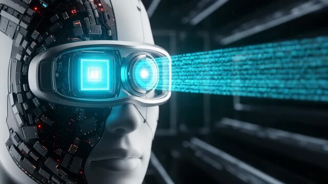 AI Vision of the Future A close up of a futuristic cyborg face wearing augmented reality goggles with a beam of digital data projecting from the lens