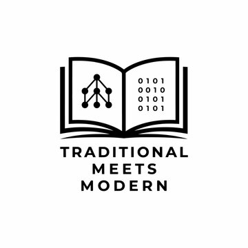 Open book with binary code and geometric network illustration black and white vector graphic reading literature knowledge education learning