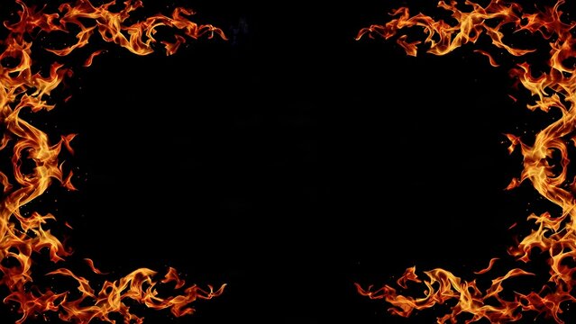 Decorative fire frame with intense orange and yellow flames against a black background.