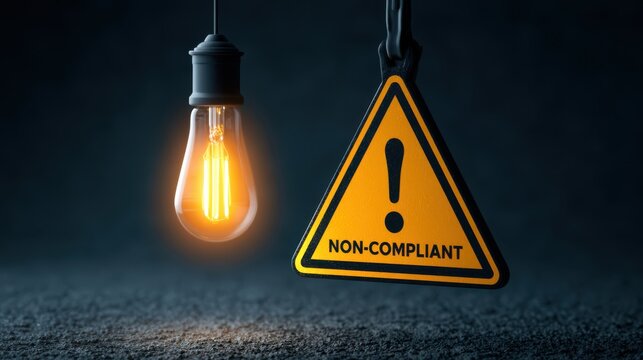 A glowing vintage light bulb hangs beside a yellow triangular warning sign with an exclamation mark and the text "NON-COMPLIANT" on a dark textured surface.