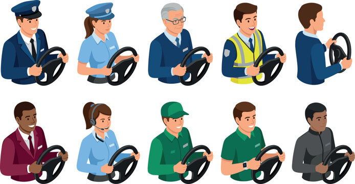 Isometric Vehicle Driver Avatar Icon Set with Diverse Men and Women Professionals Holding Steering Wheels for Transportation Logistics App Interface Designs