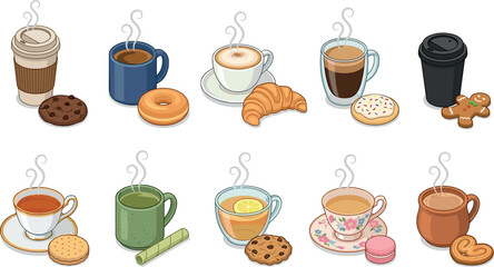 Obraz premium Isometric Hot Coffee and Tea Icon Set with Pastries Croissants Donuts Macarons Gingerbread and Cookies for Cafe Menu Graphic Designs