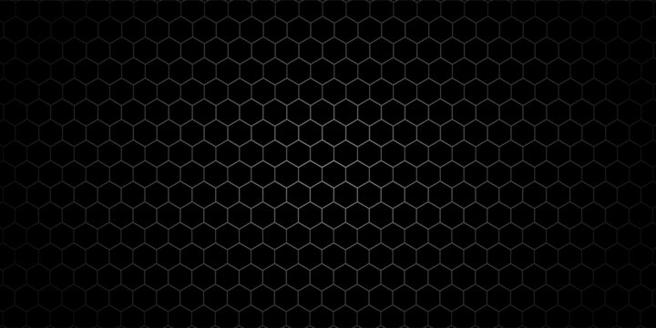 Dark grey abstract wide horizontal banner with hexagon carbon fiber grid and orange luminous lines. Technology vector background with orange neon lines