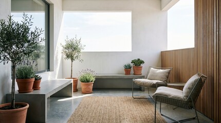 Fototapeta premium Cozy modern patio area with woven lounge chairs and a natural fiber rug surrounded by terracotta potted plants and wooden walls