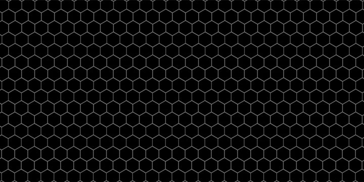 Dark grey abstract wide horizontal banner with hexagon carbon fiber grid and orange luminous lines. Technology vector background with orange neon lines