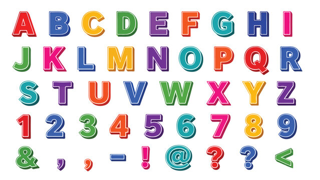 Colorful 3D alphabet vector set, vibrant plastic block letters and numbers, playful educational typography collection for kids school projects