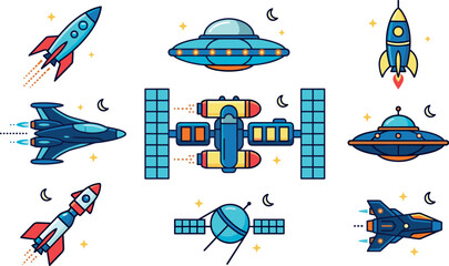 Spaceship and Rocket Icon Set with UFO Flying Saucers Space Station Satellites and Futuristic Jets for Astronomy Sci Fi Web Graphic Designs © MdRaisul