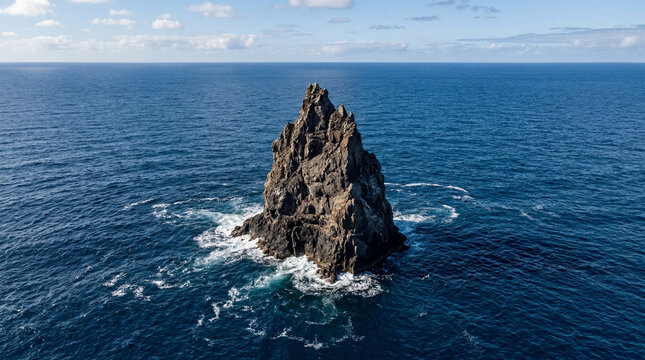 Majestic Isolated Sea Stack in Deep Blue Ocean Under Sunny Sky