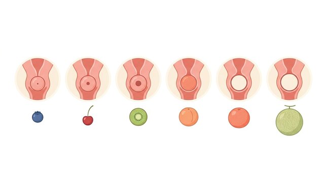This set displays different stages of cervical dilation, helping understand the process of labor and childbirth anatomy for educational purposes.