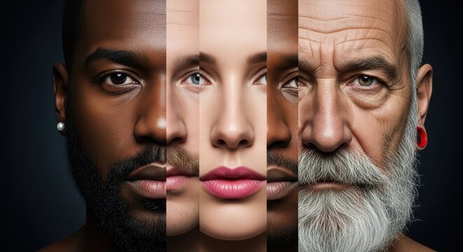 Diverse Faces Composite Representing Multicultural Unity and Human Equality Across Different Ages and Ethnicities