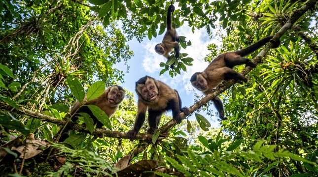 Group of capuchin monkeys climbing and perching on low tree branch in dense tropical rainforest canopy, curious and playful behavior captured during daytime wildlife observation