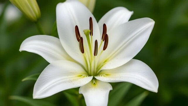 A pristine white lily flower blooming in a lush green summer garden setting