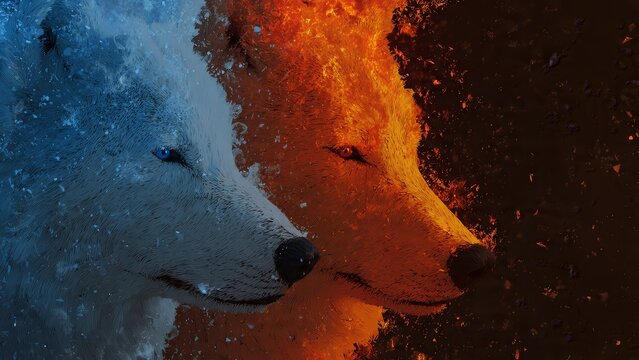 Digital Illustration of Two Wolves Representing Fire and Ice Elements and Duality