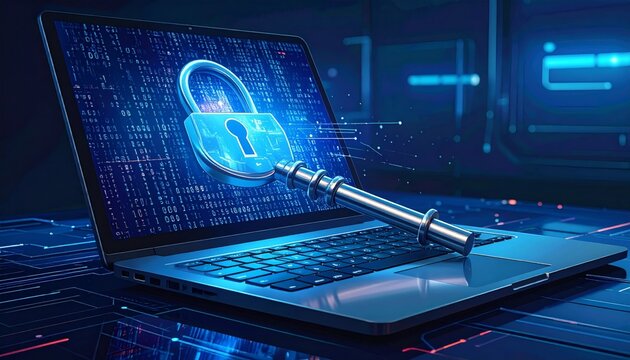 Laptop showing binary code representing internet security and digital data protection concept