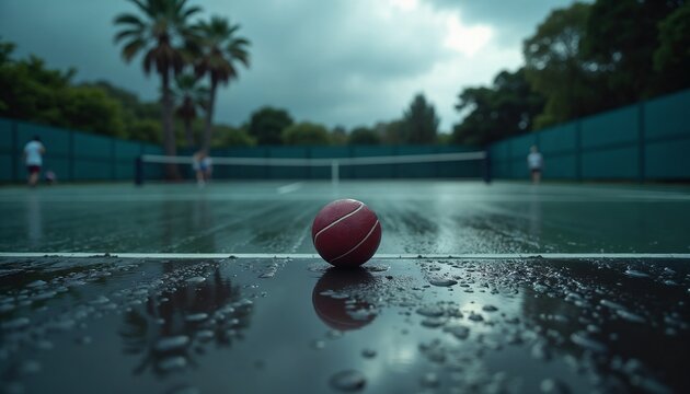 Red tennis ball resting on a wet outdoor court after rain. Sports field with puddles and palm tree reflection. Concept of bad weather interrupting an active game or match.