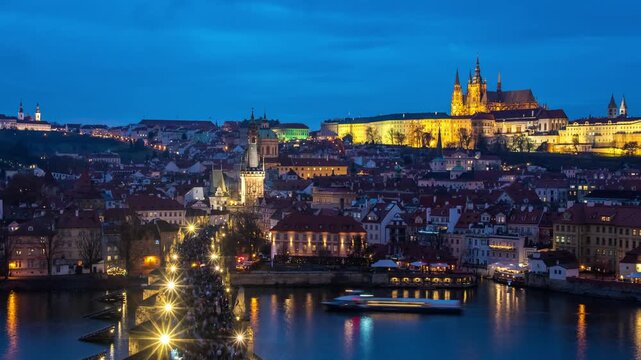 Prague Czechia Czech Republic time lapse high angle view day to night city skyline at Charles Bridge