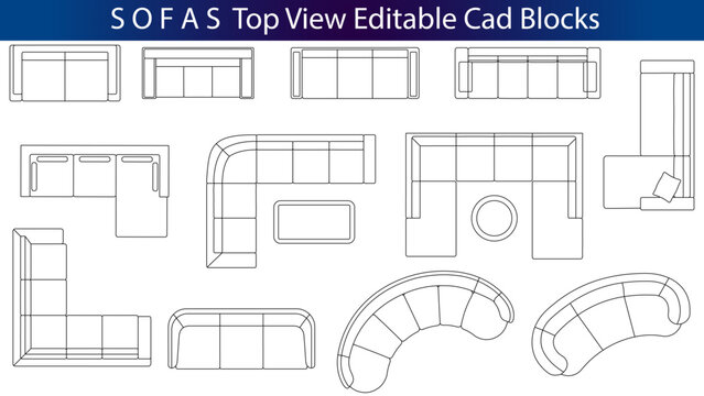 Modern Sofa Top View CAD Blocks Collection, Editable Furniture Floor Plan Elements, Clean Thin Line Architectural Vector Set for Interior Design