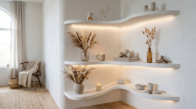 Curved built wall shelves styled with neutral decor, vases, dried pampas and candles in bright minimal interior; warm daylight and soft textures create calm cozy modern living room ambiance