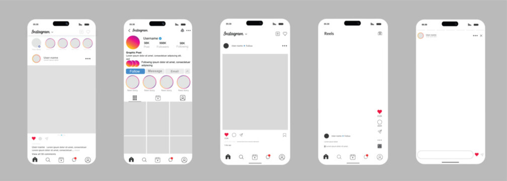 Instagram mobile app interface screens mockup template