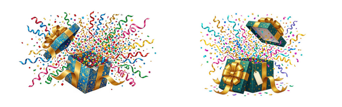 Open gift boxes with exploding colorful party streamers as clean cutout isolated on transparent background