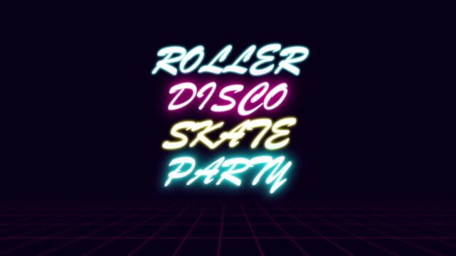 Roller Disco Skate Party Neon Text Animation Retro Synthwave 80s Style Motion Graphic Design for Club Event Promotion Social Media Background