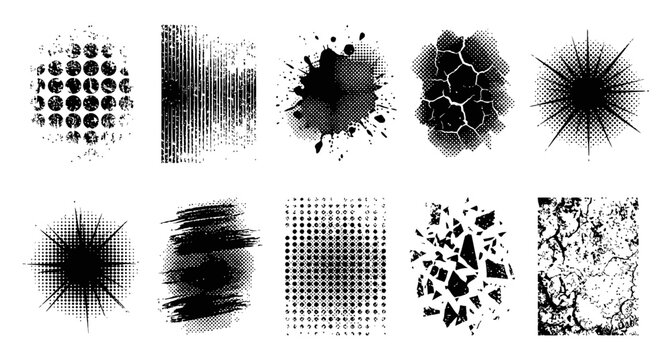Diverse Abstract Black Grunge Ink Texture Design Elements Set