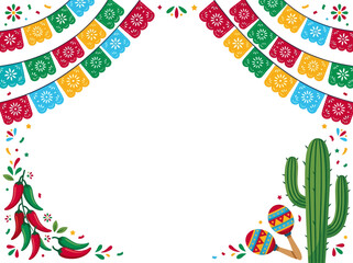 Fototapeta premium Mexican Festive Border with Papel Picado and Traditional Icons
