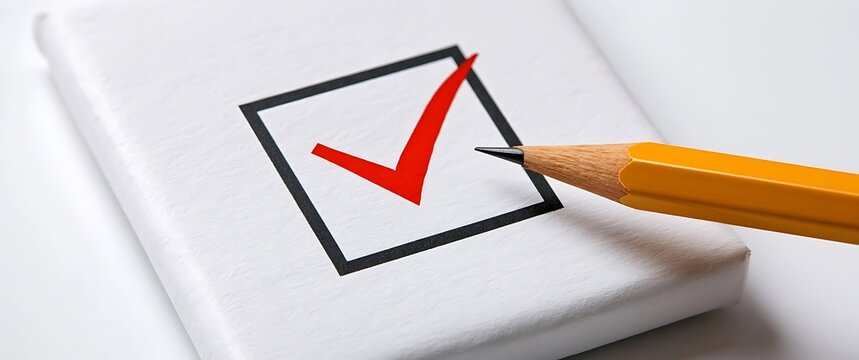 Close-up of a red checkmark in a box with a pencil on a white surface.