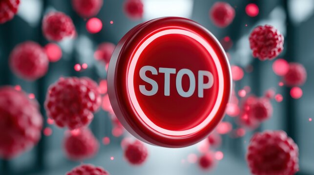 A red stop button surrounded by virus-like particles symbolizes halting virus spread or infection control.