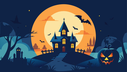 Halloween haunted house with jack o lantern under full moon © ruposhi