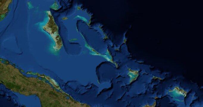 Stocking Island on Globe. Zoom into the island with Earth spinning in space. Locating position on high detail physical world map. Elements of this image furnished by NASA.