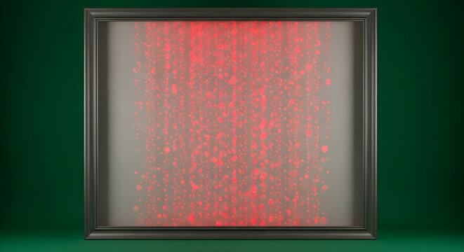 A dark framed screen displaying red digital rain or falling code against a dark green background, reminiscent of a data stream.