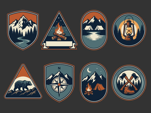Vintage Camping and Outdoor Adventure Badge Set Featuring Mountains, Wildlife, and Hiking Elements