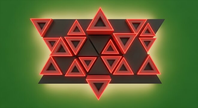 A 3D abstract geometric design featuring red glowing triangles and dark grey triangles arranged in a star-like hexagram shape on a green background.