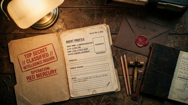 Vintage Espionage Dossier Featuring Secret Agent Profile and Confidential Intelligence Documents on a Rustic Wooden Desk with Warm Lighting