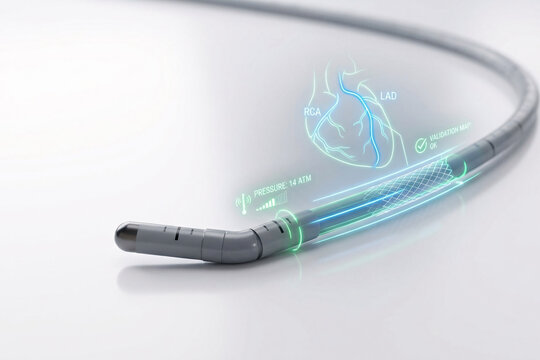 Advanced steerable catheter tip projecting a green holographic cardiac map and vessel validation diagnostic overlay