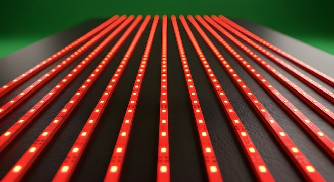 Multiple parallel strips of red LED lights illuminating a dark surface with a green background.