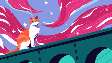 Orange and white cat sitting on a green bridge under starry pink sky © ruposhi